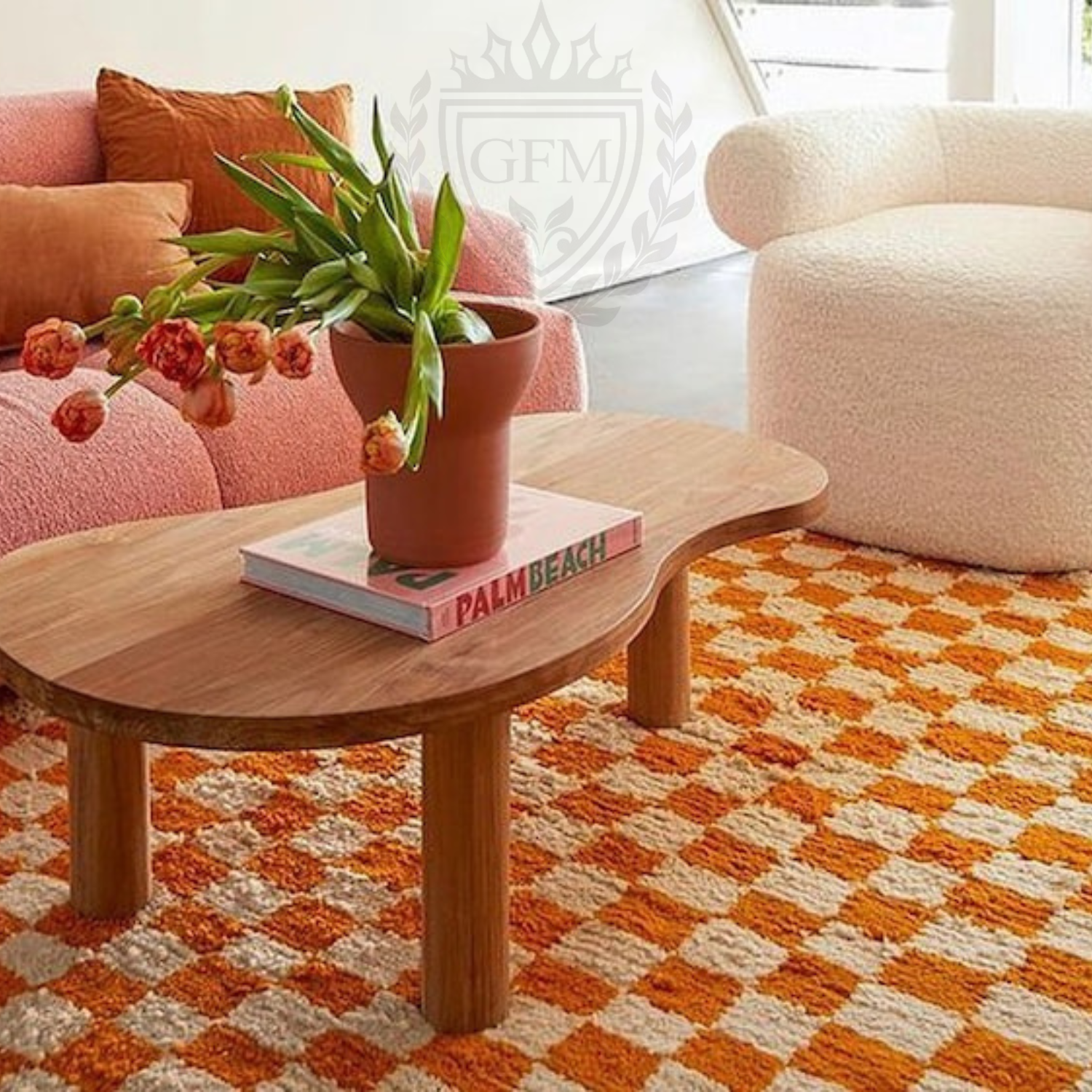 Orange checkered rug! wool checkerboard rugs.