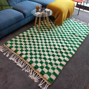 Green And white checkered rug, Moroccan Berber Checkered rug